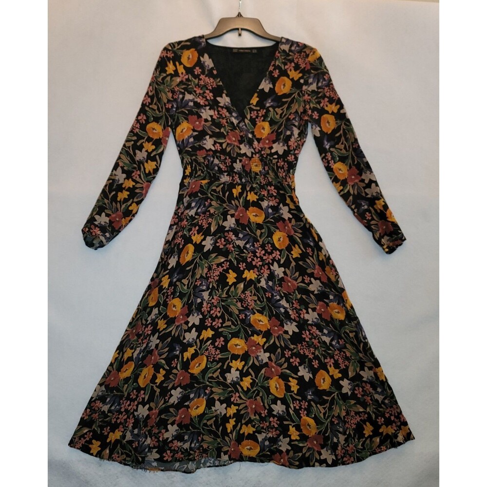 Zara Trafaluc Floral V-Neck Midi Dress Long Sleeve Smocked Waist Faux Wrap XS